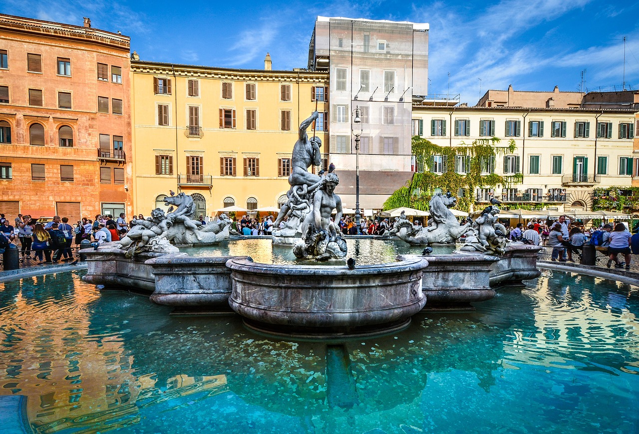 three magnificent fountains in piazza navona, fontana dei 4 fiumi, fontana del moro and fontana di nettuno